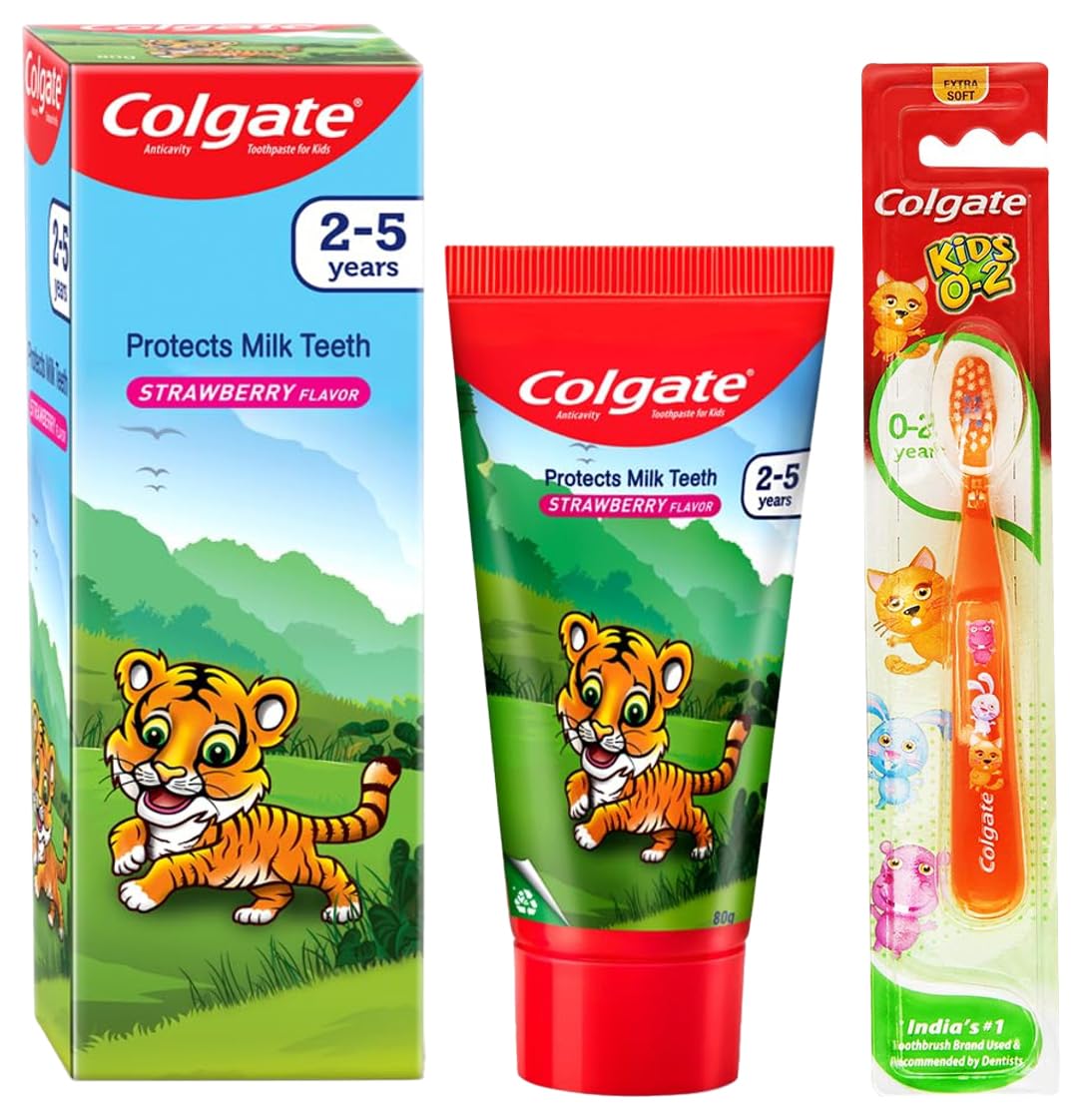 Strawberry Colgate kids toothpaste with soft baby toothbrush combo
