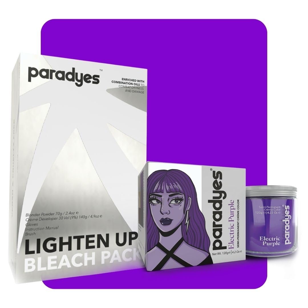 Paradyes Semi-permanent Electric Purple DIY Conditioner Based Hair Colour 120 gm and Lighten Up! Bleach Pack 30 Vol. for all Hair Types