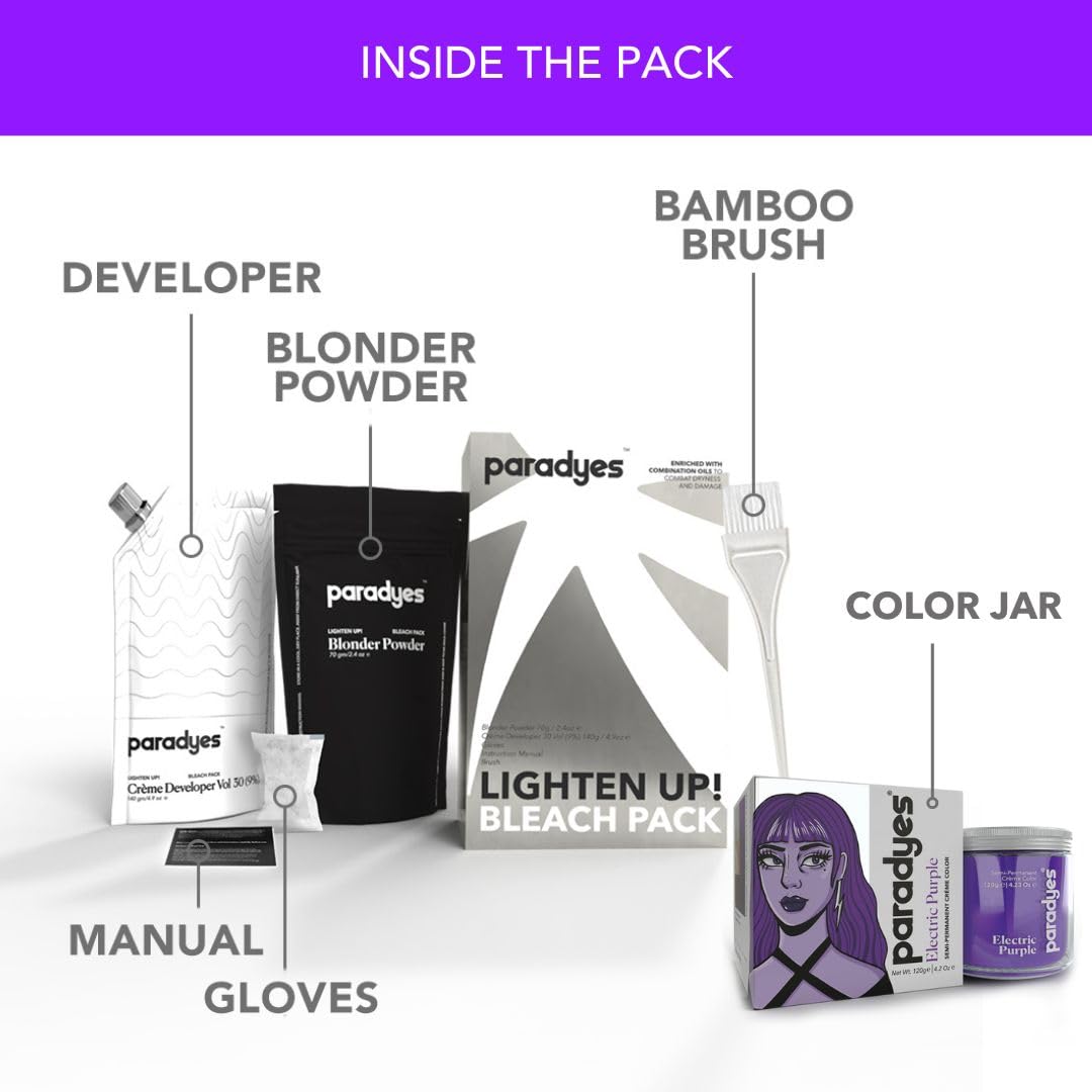 Paradyes Semi-permanent Electric Purple DIY Conditioner Based Hair Colour 120 gm and Lighten Up! Bleach Pack 30 Vol. for all Hair Types – view 3