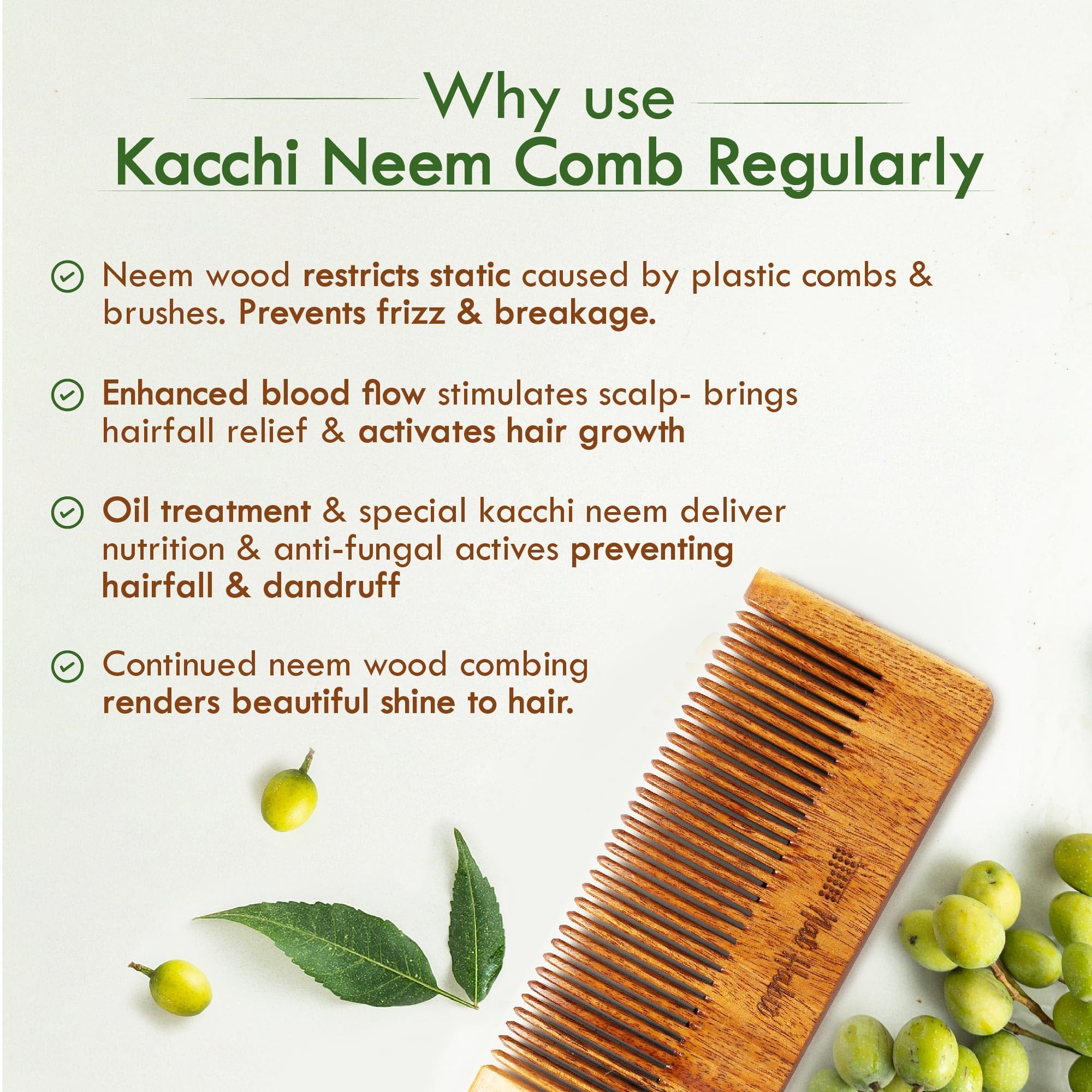 Nat Habit Kacchi Neem Comb Fine Tooth Styling & Wide Tooth Shampoo Combo, Soaked In 17 Herbs, Neem & Sesame Oil, For Post Shampoo Detangling & Daily Styling, Suited For Short & Long Hair (Small Size) – view 3