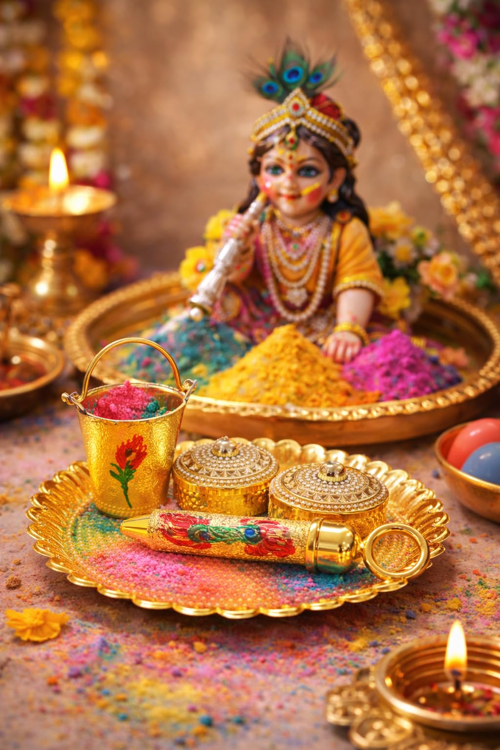 Jaipur Ace Laddu Gopal Holi Pichkari Balti Thali Set Mini Golden Kanha Ji Holi Decoration Accessories – view 7