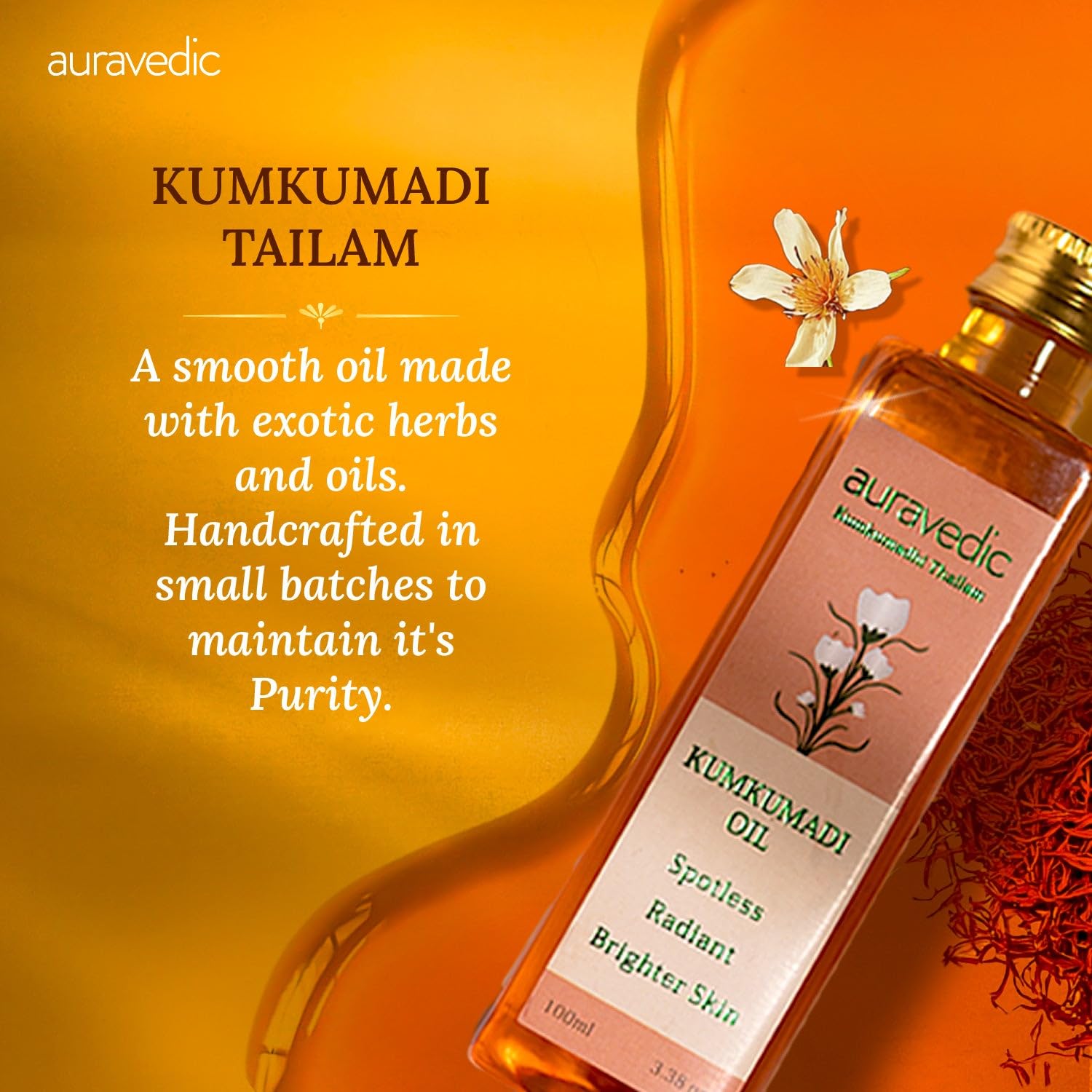 Auravedic Kumkumadi Oil For Face 100 Ml, Kumkumadi Tailam Face Oil For Glowing Skin, Dark Spot Corrector Face Serum – view 3