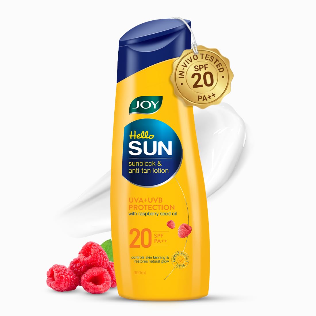 Front view of Joy Hello Sun body sunscreen lotion bottle