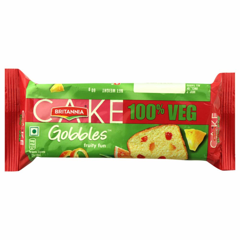 Britannia Gobbles fruit cake packet showing ten 60 g cakes
