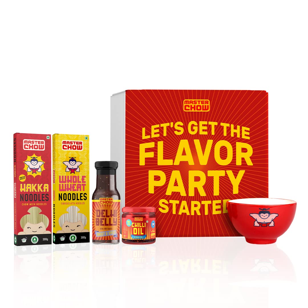 Vegetarian festive food hamper with chilli oil, noodles, sauce, bowl