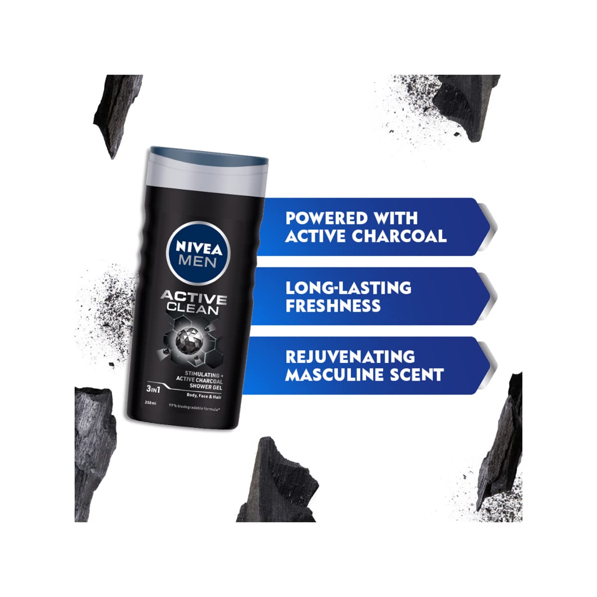 NIVEA Men Body Wash, Active Clean with Active Charcoal, Shower Gel for Body, Face & Hair, 250 ml – view 4