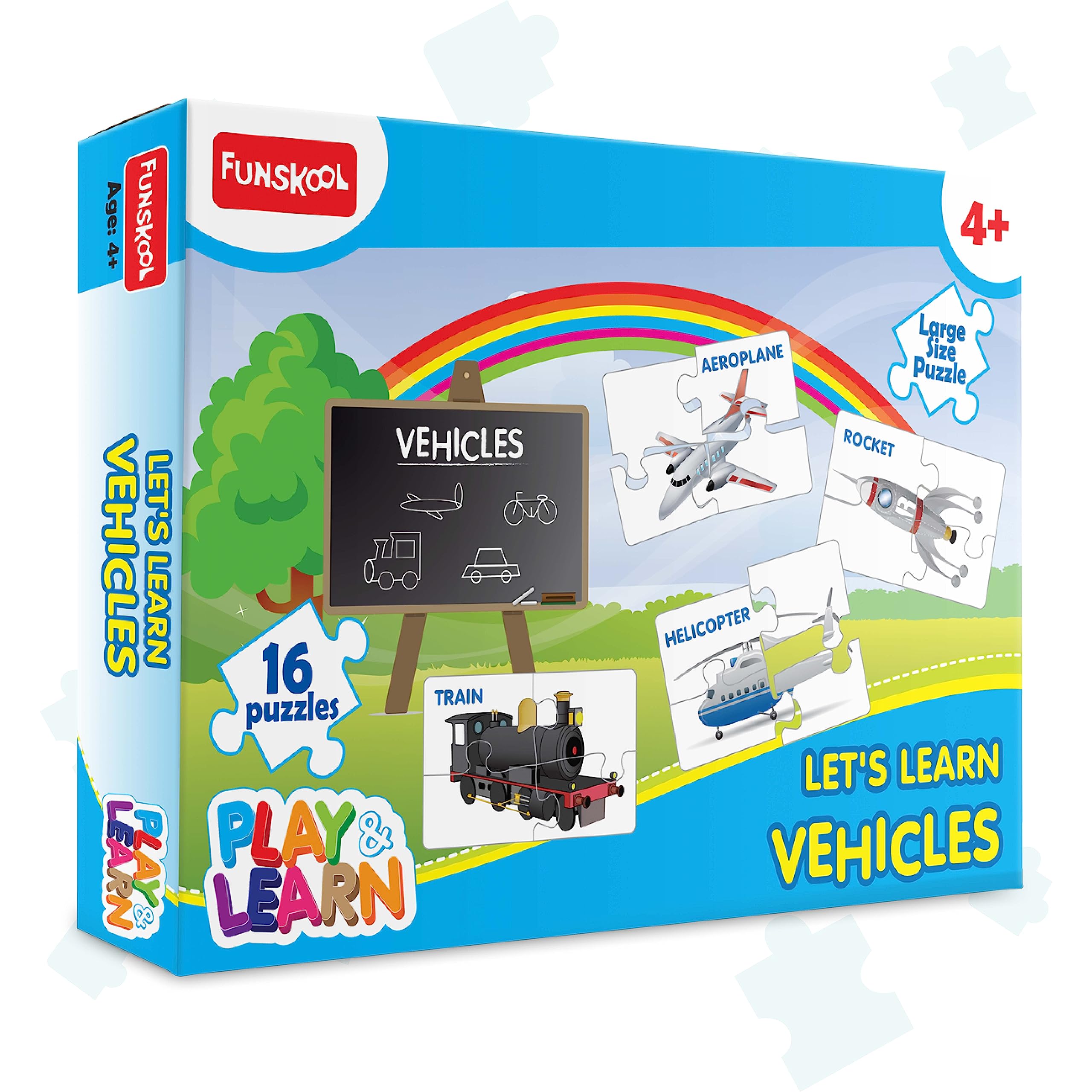 Large multicolor vehicle puzzle pieces from Funskool kids jigsaw set
