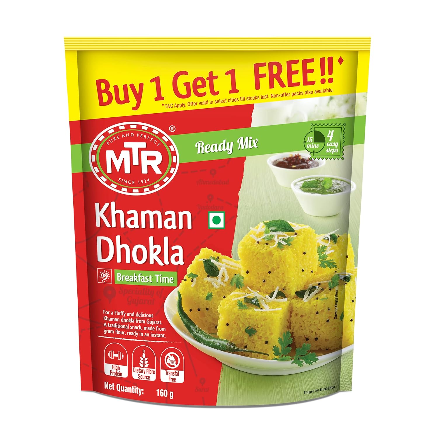 MTR Khaman Dhokla Mix - Breakfast Mix | Quick Breakfast | Instant Ready to Cook Mix | Ready-To-Make Gujarati Breakfast | 160/180g (Weight May Vary) Buy1 Get1 Free