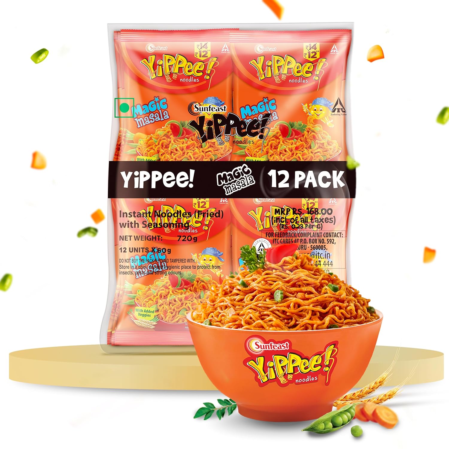 Sunfeast YiPPee! Magic Masala, Long, Non-Sticky Instant Noodles | With Real Vegetables 12 in 1 Pack | 720 gram/840g/ 871.2 (12 unit *72.6)(weight may vary)