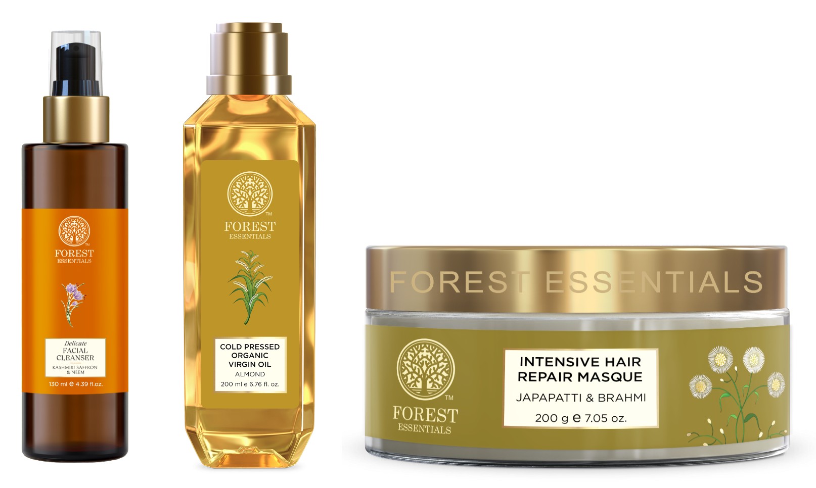 Forest Essentials Organic Cold Pressed Virgin Oil Almond 200ml & Delicate Facial Cleanser Kashmiri Saffron & Neem 130ml (Face Wash) & Intensive Hair Repair Masque Japapatti & Brahmi 200g (Hair Mask)