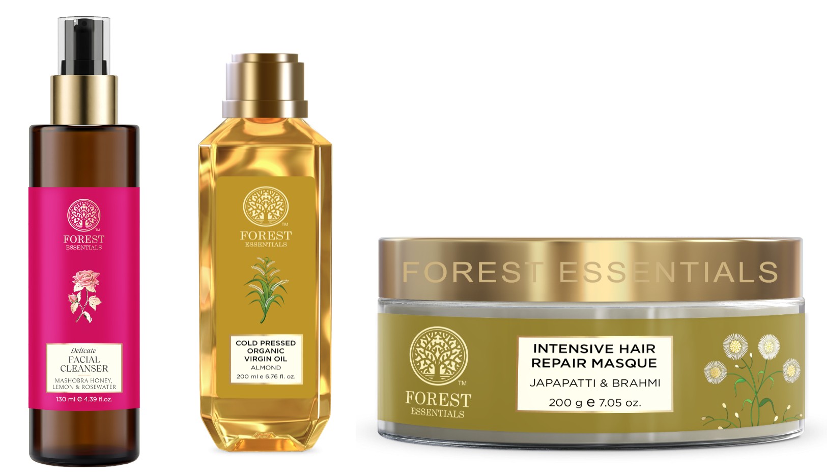 Forest Essentials Organic Cold Pressed Virgin Oil Almond 200ml & Mashobra Honey, Lemon and Rosewater Facial Cleanser, 130ml & Intensive Hair Repair Masque Japapatti & Brahmi 200g (Hair Mask)