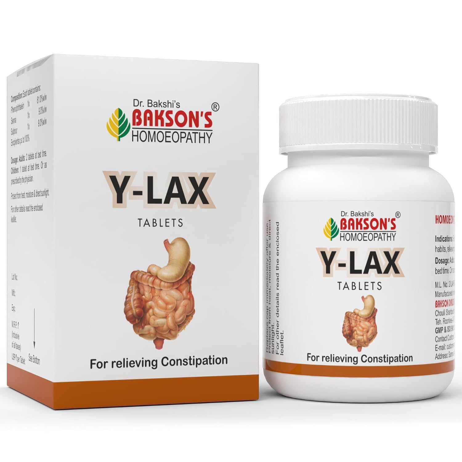 Dr. Bakshi's BAKSON'S HOMOEOPATHY Y-Lax Tablets | Tones Up The Intestines | Regulates Bowel Habits and Relieves Constipation | 90 Tablets (2 Packs of 45 Units Each)