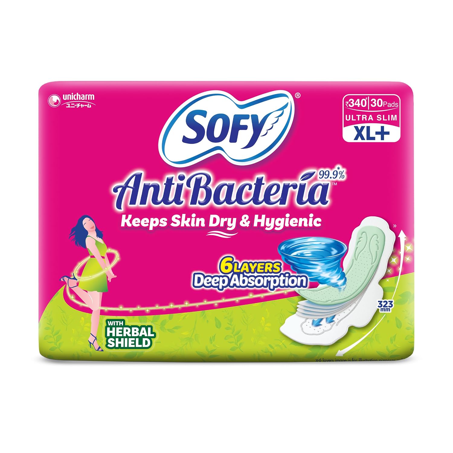 Sofy AntiBacteria XL+ - 323mm | 30 Count pads | For Women Sanitary Pads | Keep Skin Dry | 6 Layer Deep Absorption | Herbal Sheild | Hygiene & Herbs | XX-Large