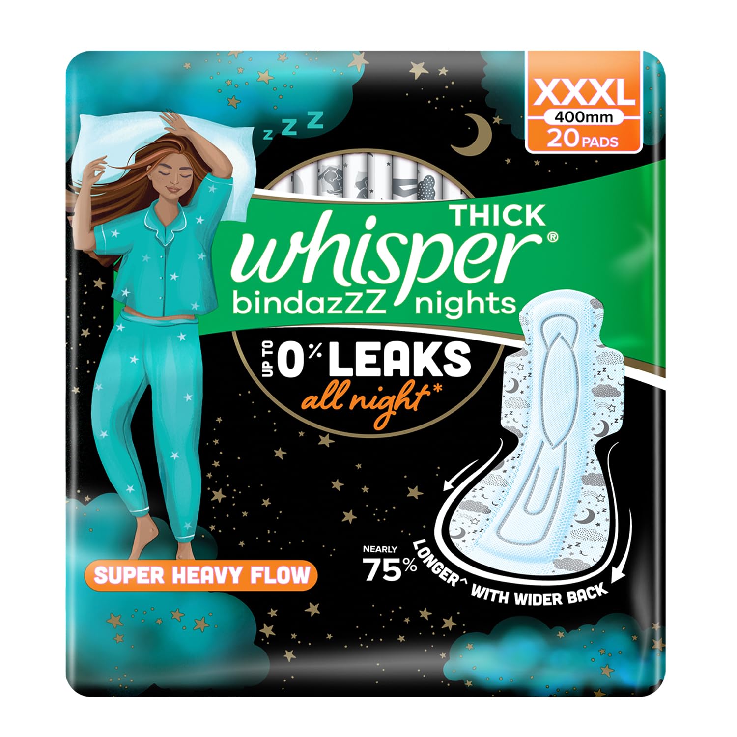 Whisper bindazzz Nights Pads For Women, XXX-Large Pack of 20 pads Scent: unscented
