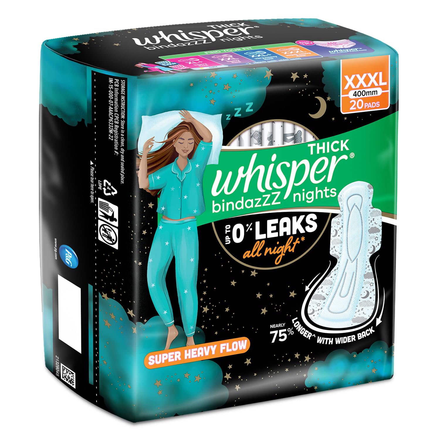 Whisper Bindazzz Nights Pads for Women, XXX-Large, 20 Pads, Unscented – view 2