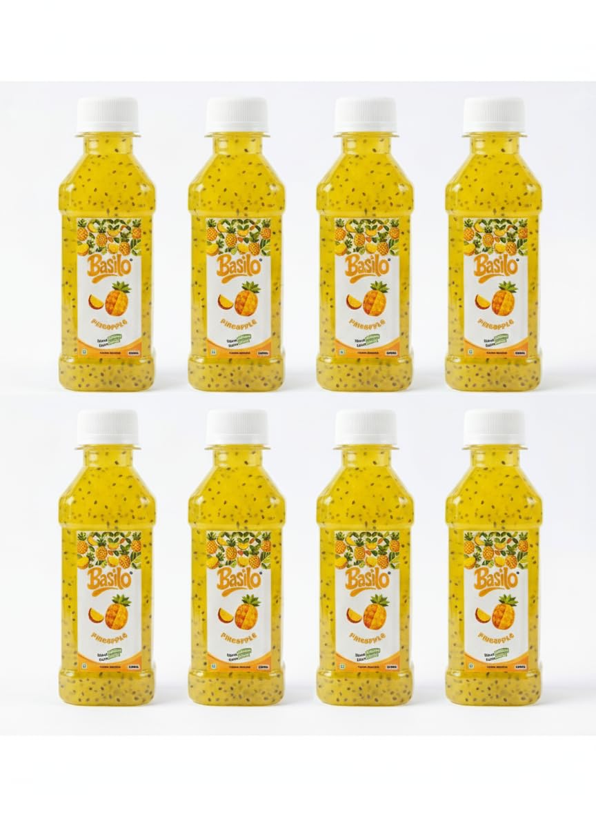 BASILO Premium Pineapple Basil Seed Drink, 200ml | Refreshing & Energising Beverage | Enriched with Basil Seeds | Contains Natural Antioxidants | Tropical Pineapple Flavour | Pack of 8