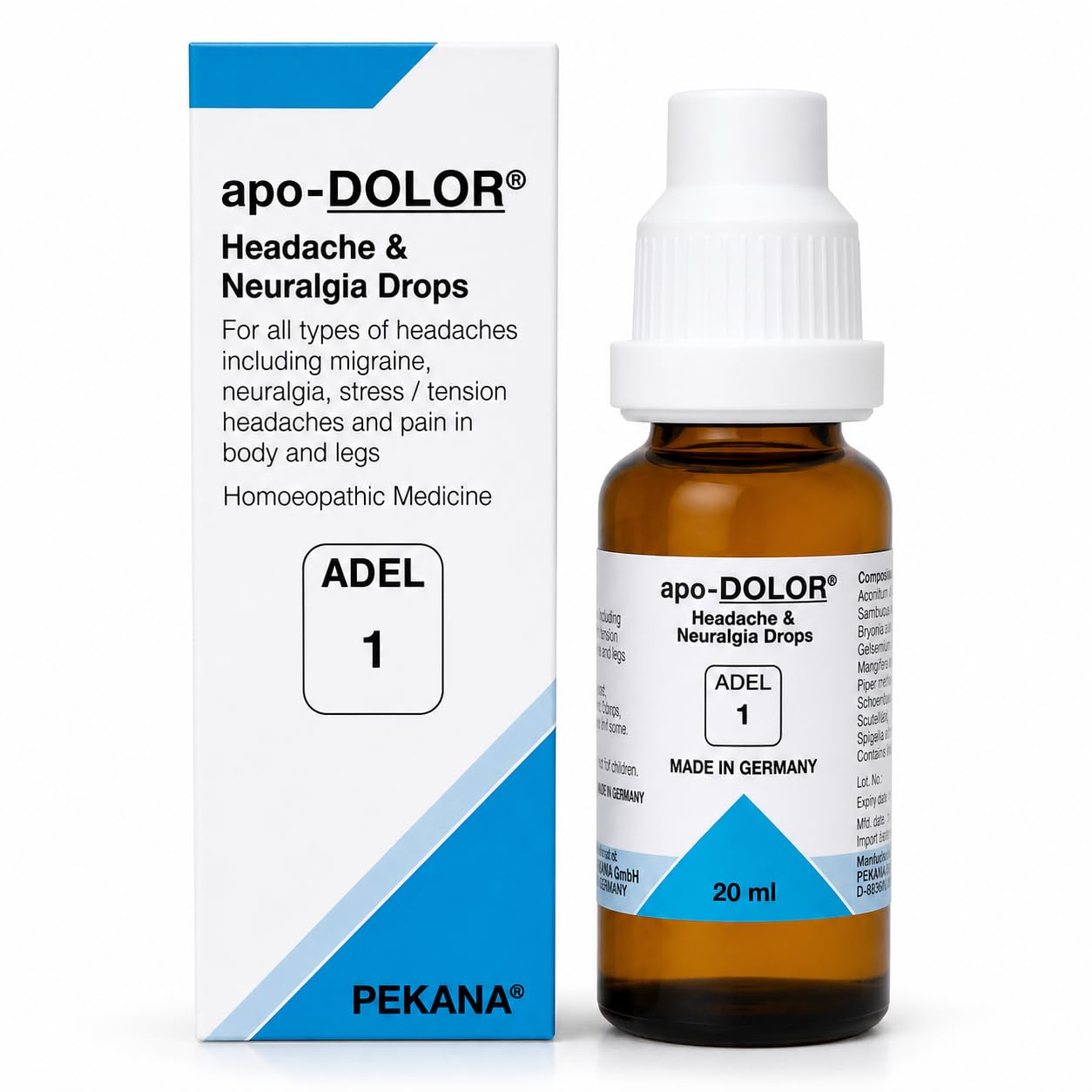ADEL -1 apo-DOLOR Headache & Neuralgia Drops - 20ml | Homeopathic Medicine for Migraine Relief, Stress & Tension Headaches, Body Pain, and Neuralgia (Pack of 1)