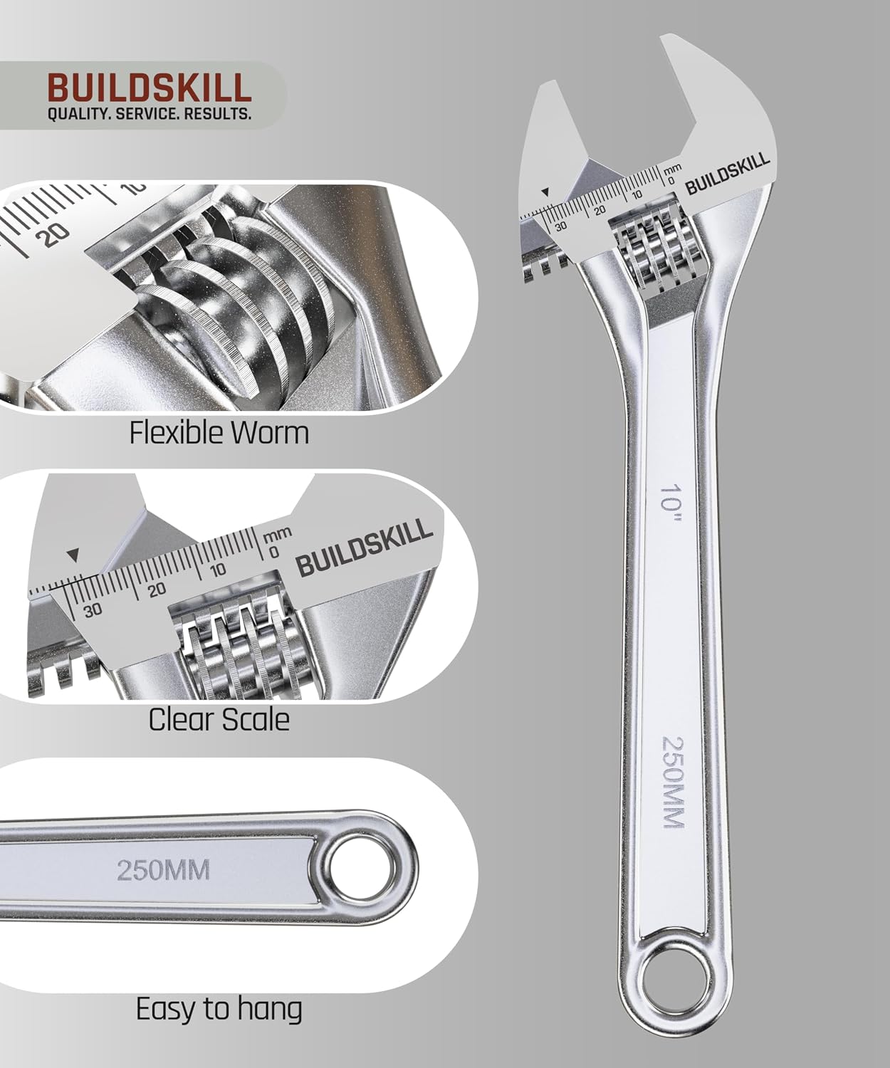 BUILDSKILL 10" (250 mm) Adjustable Wrench - Chrome Vanadium Steel – view 4