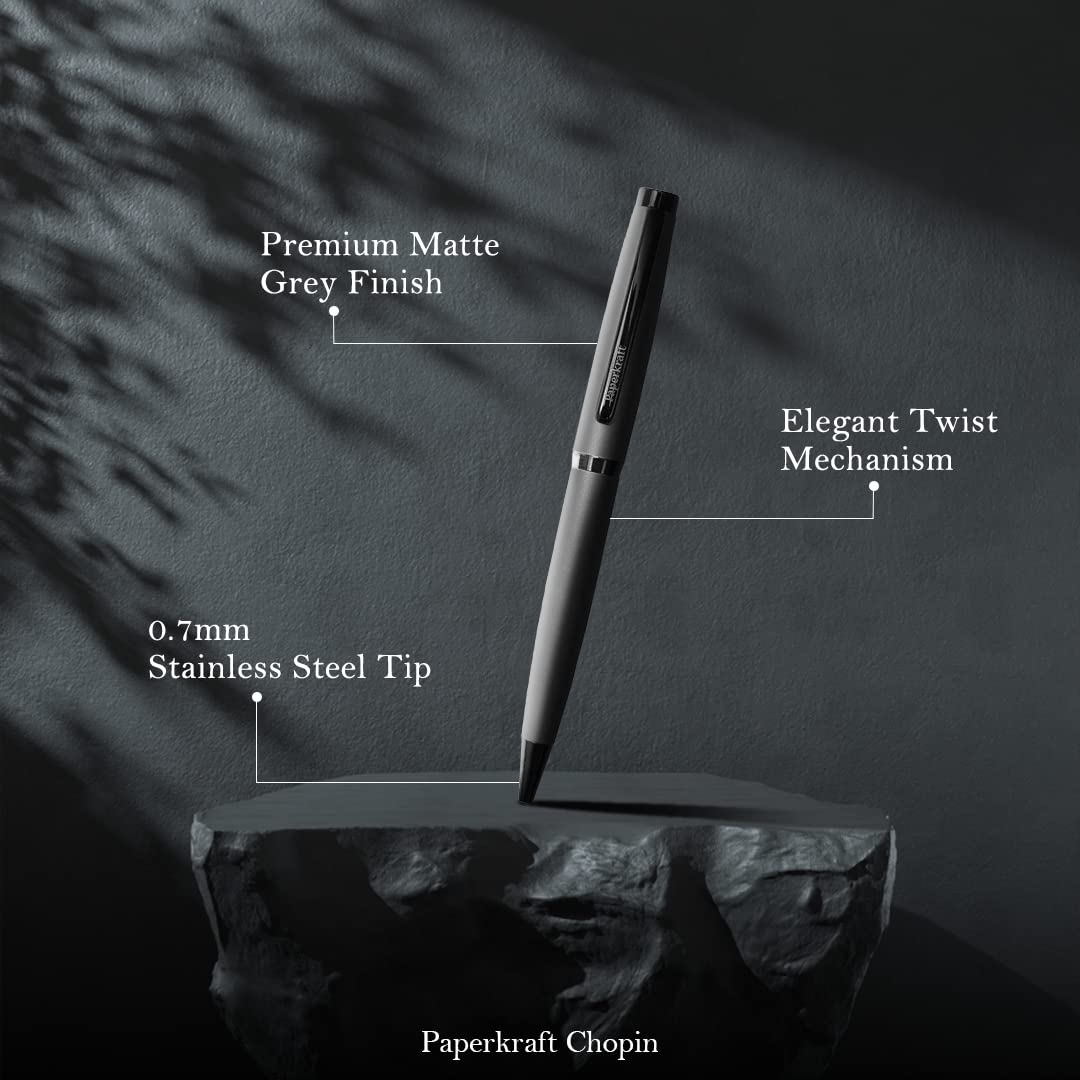 Paperkraft Chopin Ball Pen, Metal Body, Blue Ink, Matte Grey Finish – view 2