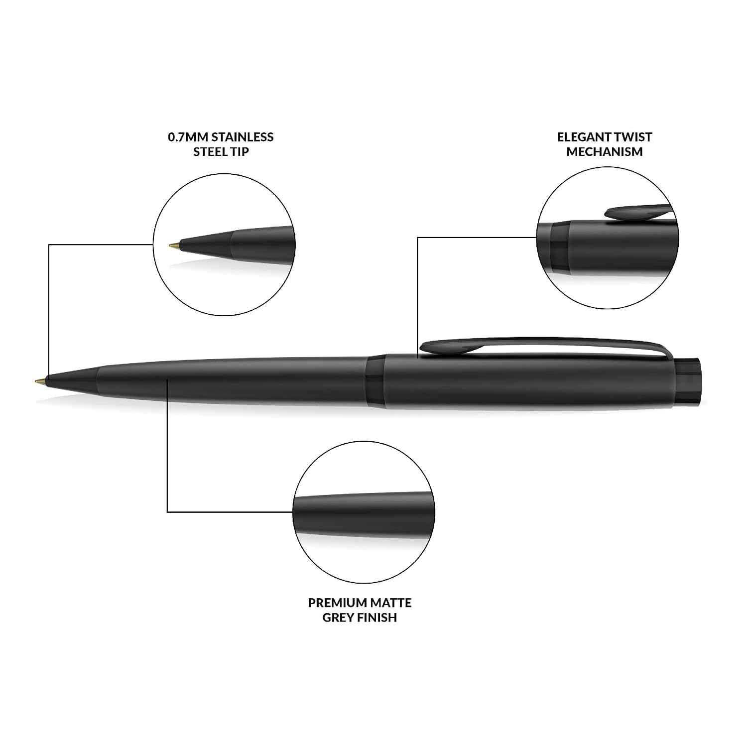 Paperkraft Chopin Ball Pen, Metal Body, Blue Ink, Matte Grey Finish – view 7