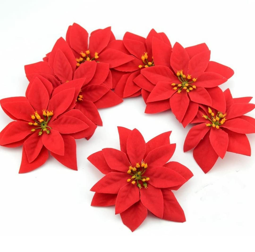 VRB Dec 12 Pcs Christmas Poinsettias Red/Gold Velvet Decorative Artificial Flowers Christmas Flowers of Velvet Decorations Items/Tree/Decoration Items (Red (Pack of 12))
