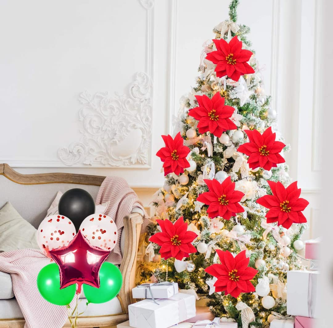 VRB Dec 12 Pcs Christmas Poinsettia Artificial Flowers, Red – view 5