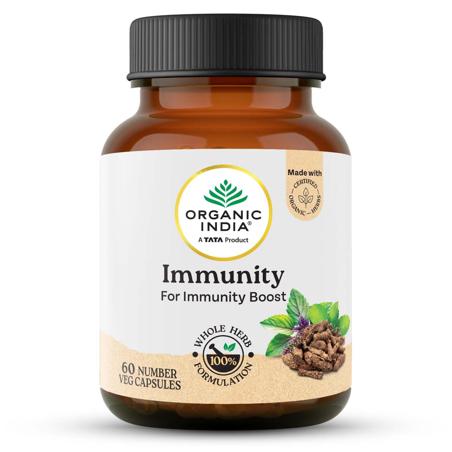 A TATA Product - Organic India Immunity - 60 Veg Capsules, Helps Boost Immune Response Against Illness, Relief From Cold, Cough, Flue & Other Respiratory Tract Infection, GMP & NPOP Certified Organic