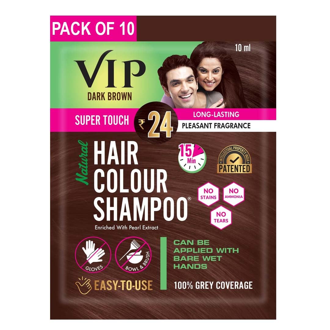 VIP Hair Colour shampoo Semi Permanent Hair Color at home with 100% Grey Coverage, Travel Friendly Pocket Dark Brown Sachet, 10ml(Pack of 10)