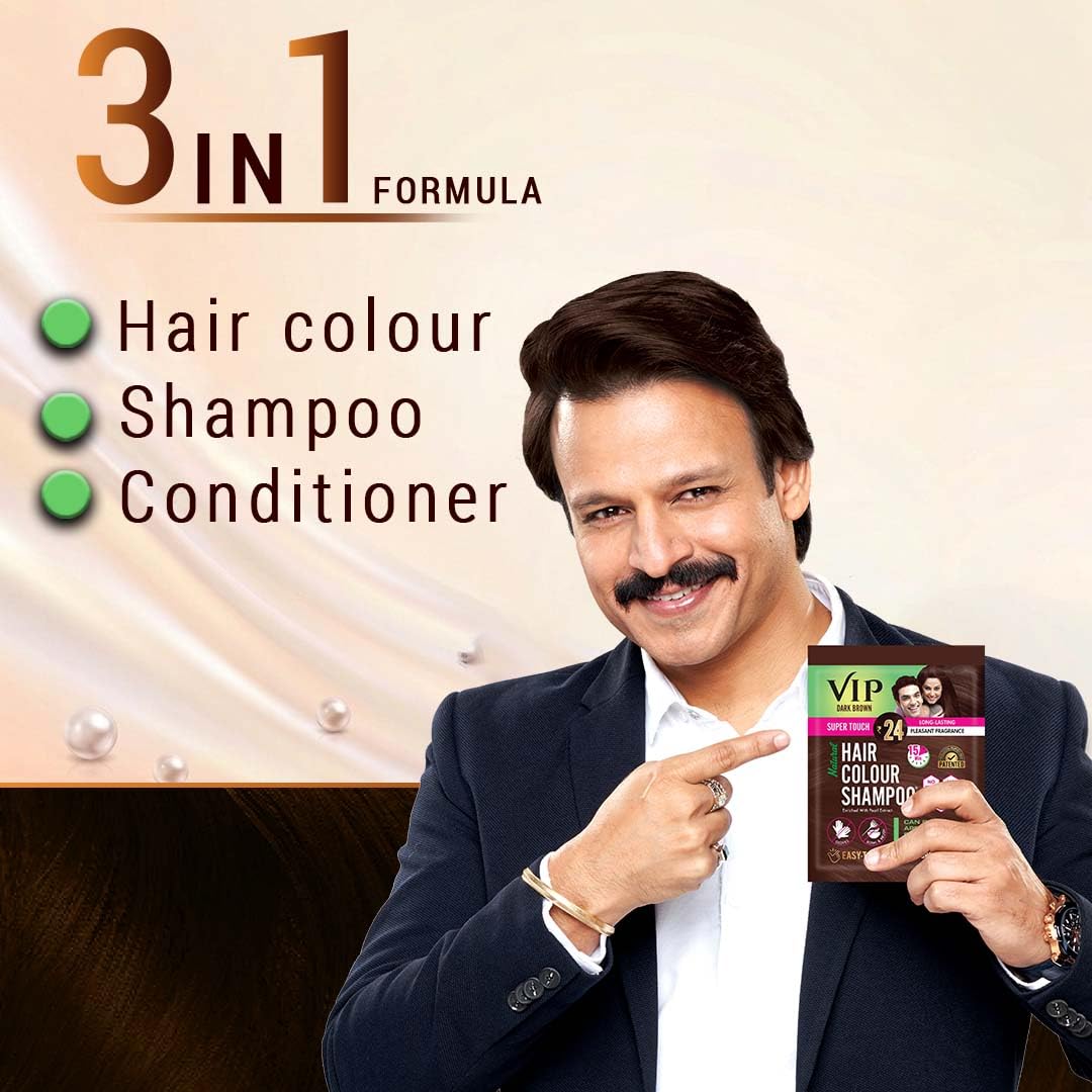 VIP Hair Colour Shampoo Semi-Permanent Dark Brown Sachets, 10 ml Pack of 10 – view 3