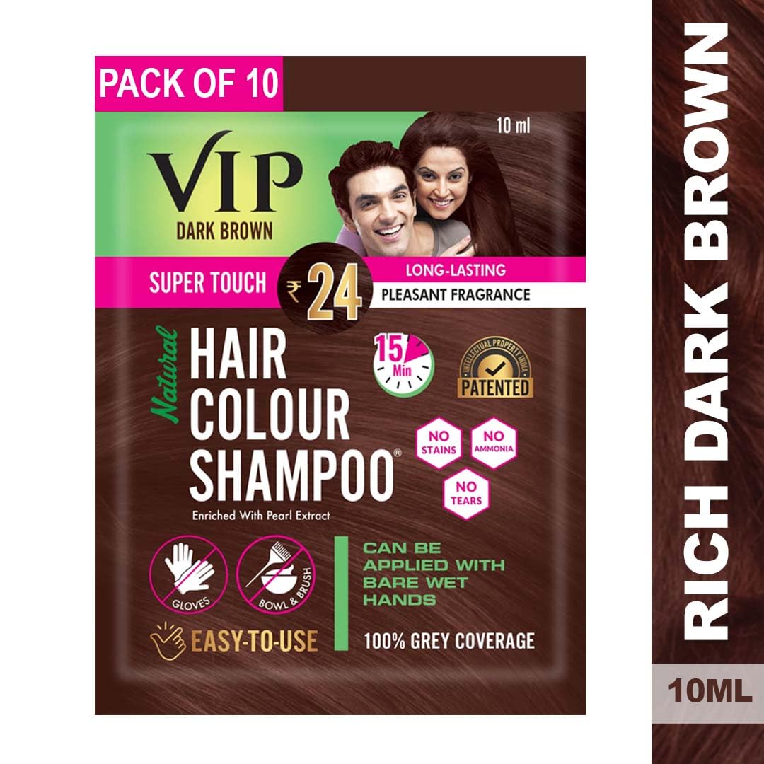 VIP Hair Colour Shampoo Semi-Permanent Dark Brown Sachets, 10 ml Pack of 10 – view 2