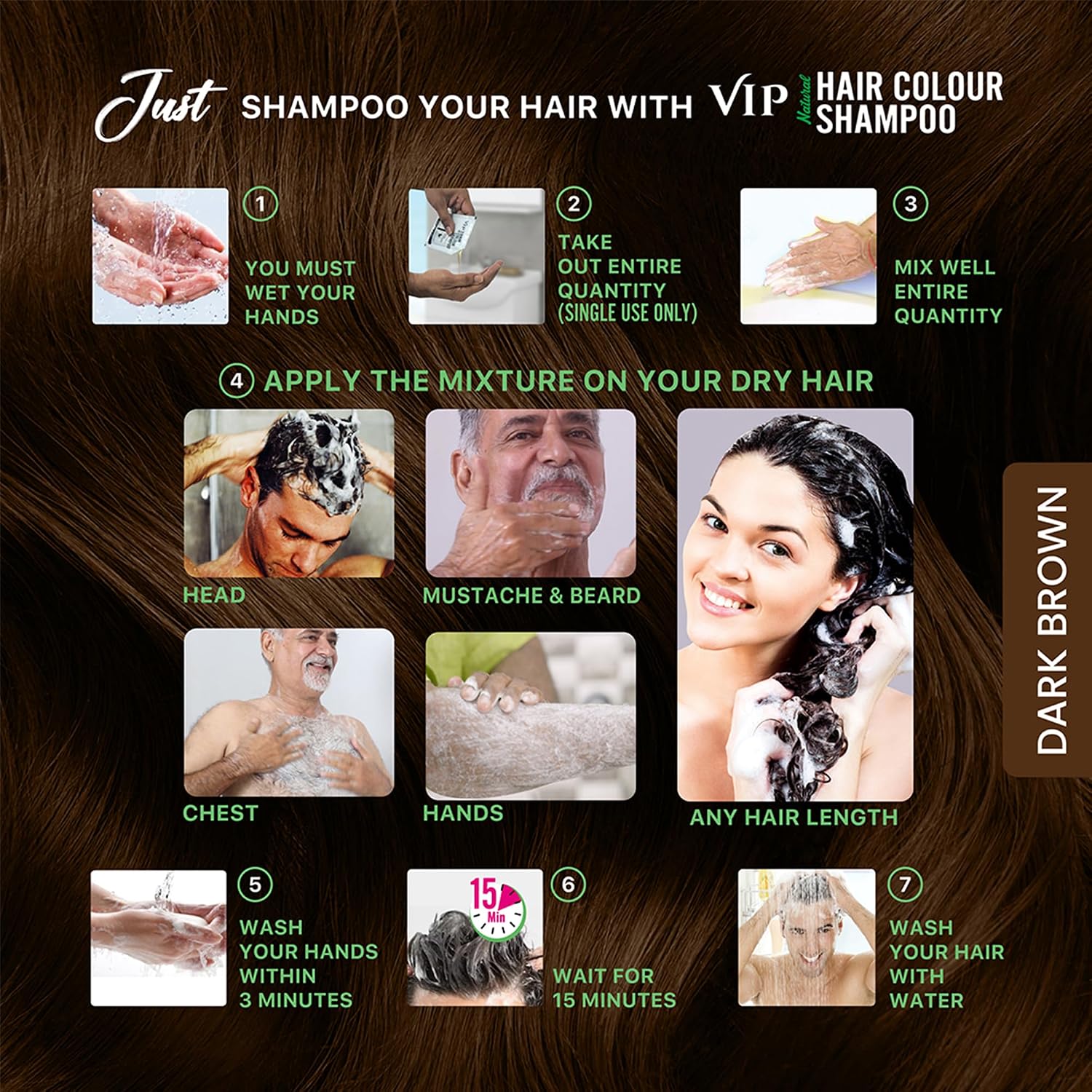VIP Hair Colour Shampoo Semi-Permanent Dark Brown Sachets, 10 ml Pack of 10 – view 4