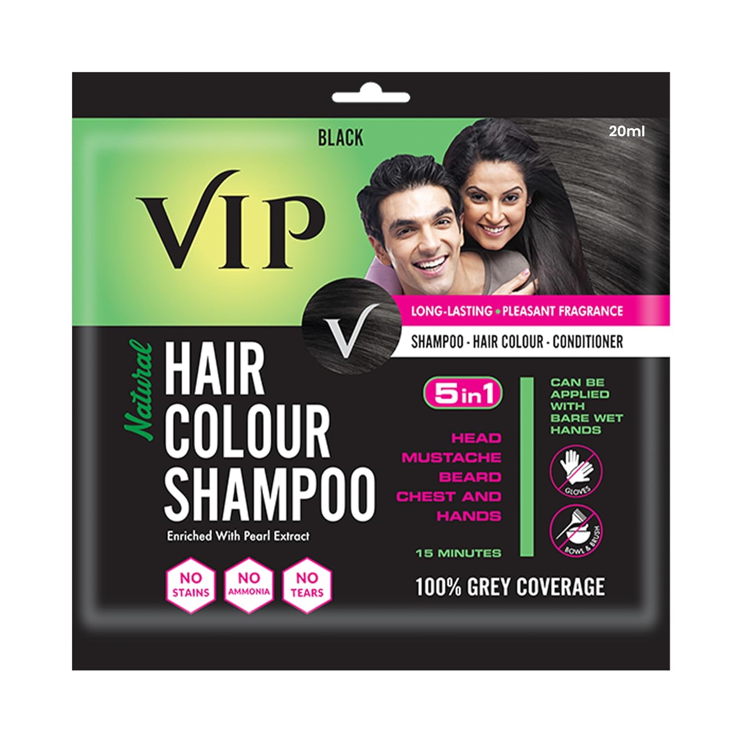 VIP Hair Color Shampoo 20 ml (Pack of 7) | 3 in 1 Hair Dye shampoo | Ammonia Free | Grey Coverage | Travel Size (Natural Black)