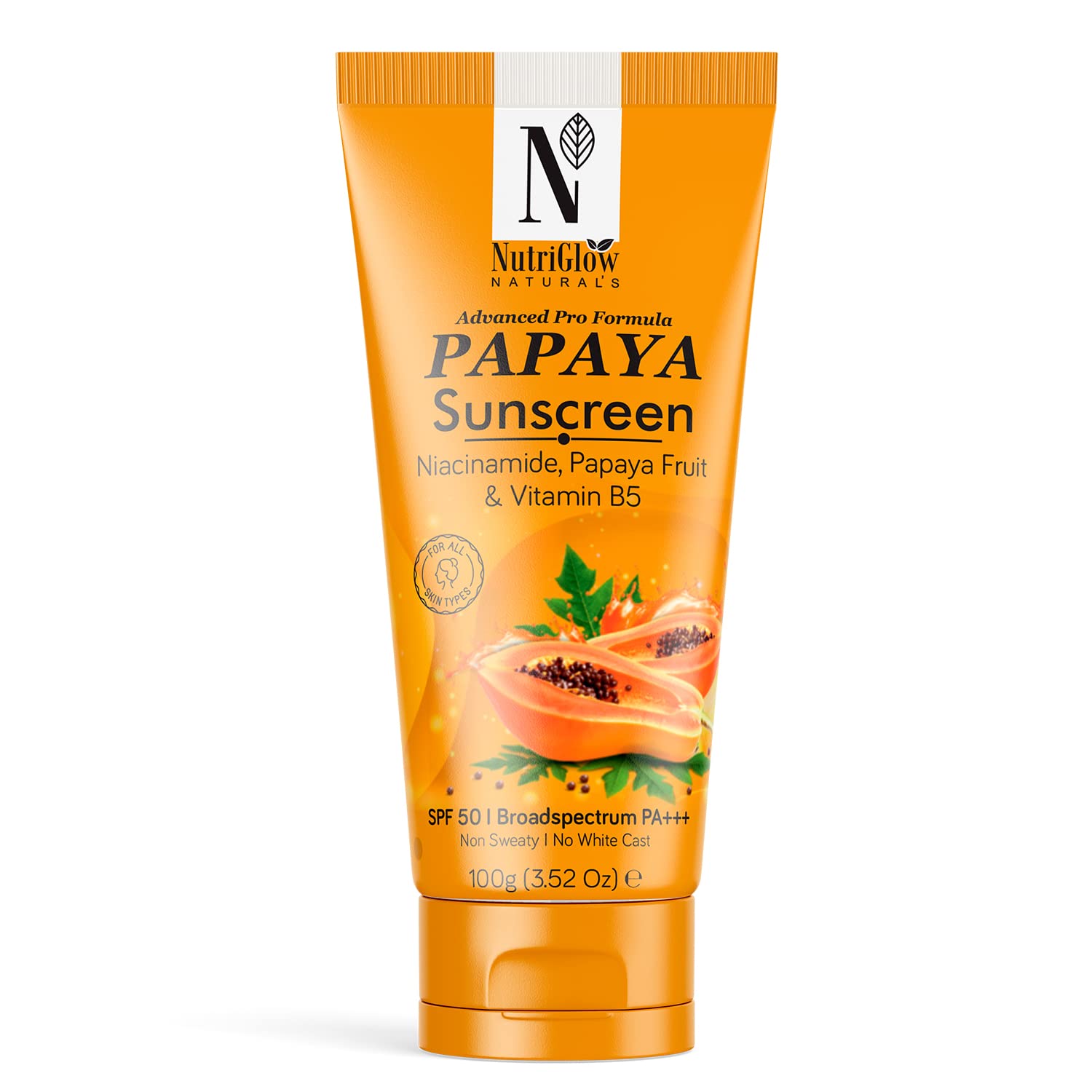 NutriGlow Naturals Papaya Sunscreen SPF 50 PA+++ | No White Cast, Non-Greasy | Broad Spectrum UVA/UVB & Blue Light Protection | With Niacinamide & Vitamin B5 | For Men & Women | All Skin Types | 100g