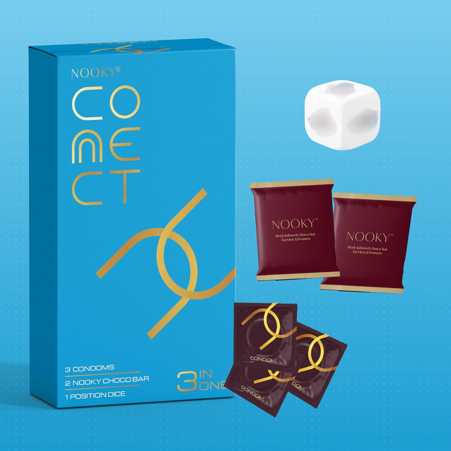 Nooky Connect Romance Booster Kit – Condoms | Mood-Lifting Chocolates & Fun Scratch Cards for Couples | Chocolate For Uplifting Mood | Best Gift Set For Men & Women | Vegan & Gluten-free (Blue Edition - Pack of 1)