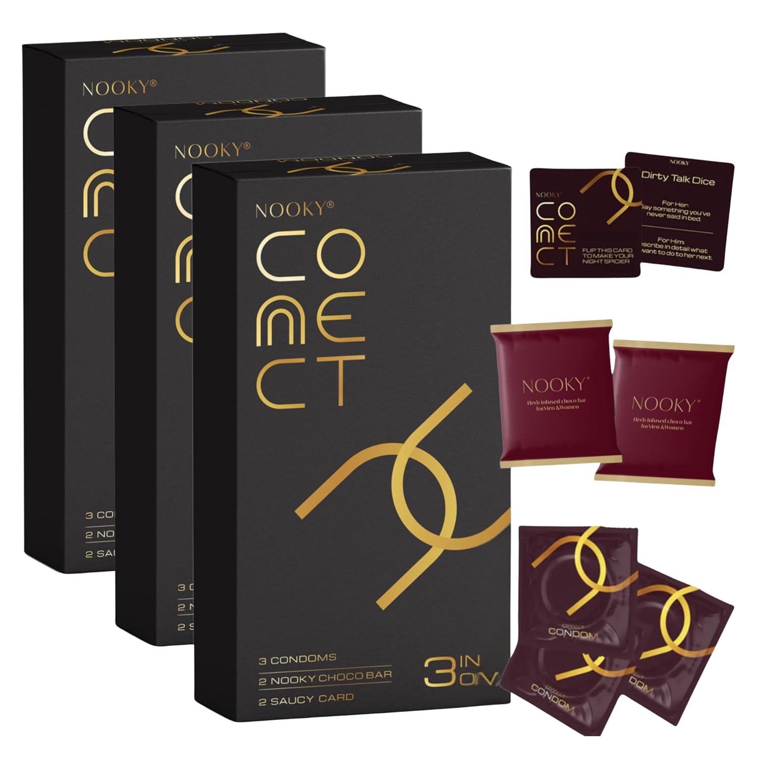 Nooky Connect Romance Booster Kit – Condoms | Mood-Lifting Chocolates & Fun Scratch Cards for Couples | Chocolate For Uplifting Mood | Best Gift Set For Men & Women | Vegan & Gluten-free (Pack of 3)