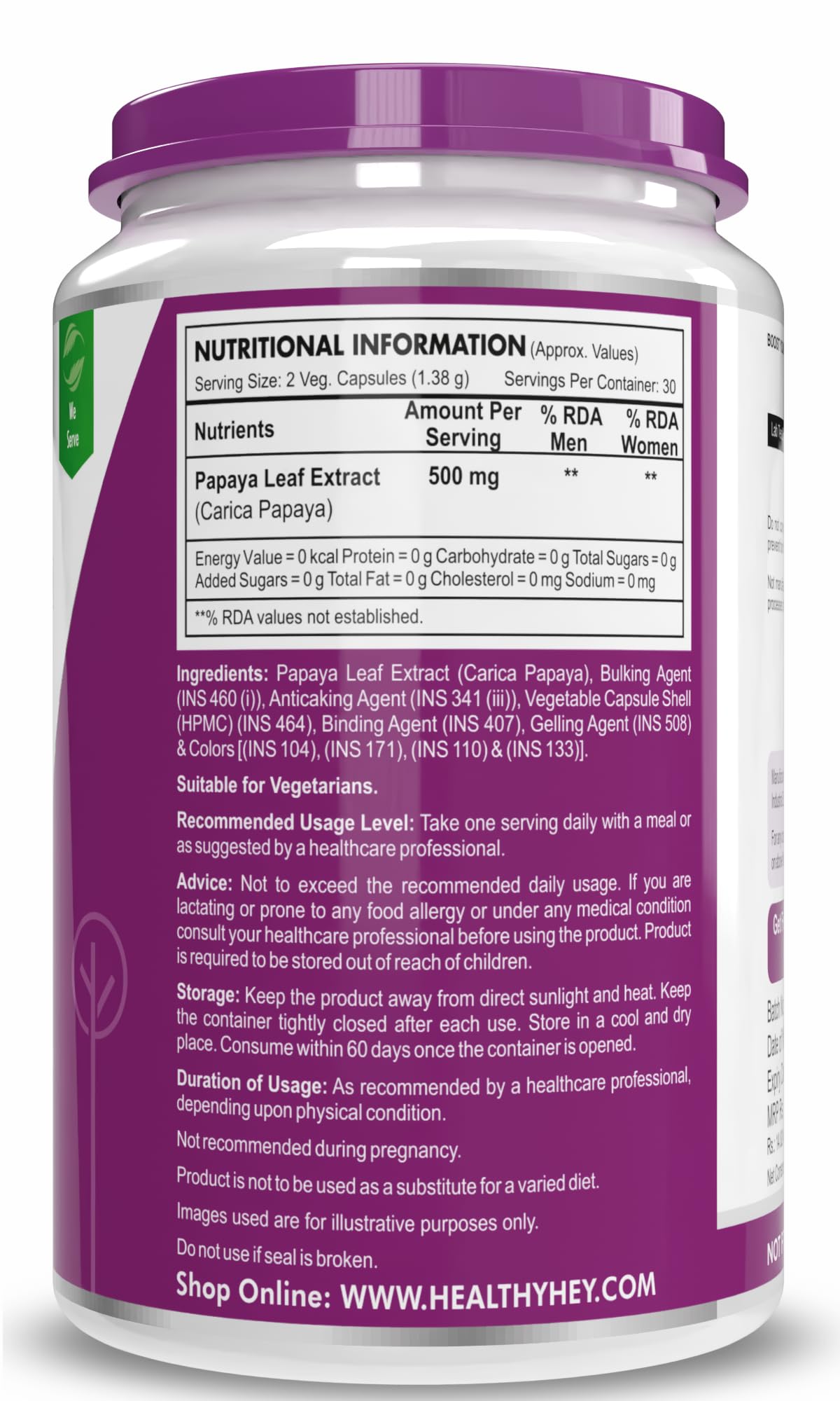 HealthyHey Nutrition Papaya Leaf Extract - 500mg/serving - 60 vegetable capsules – view 2