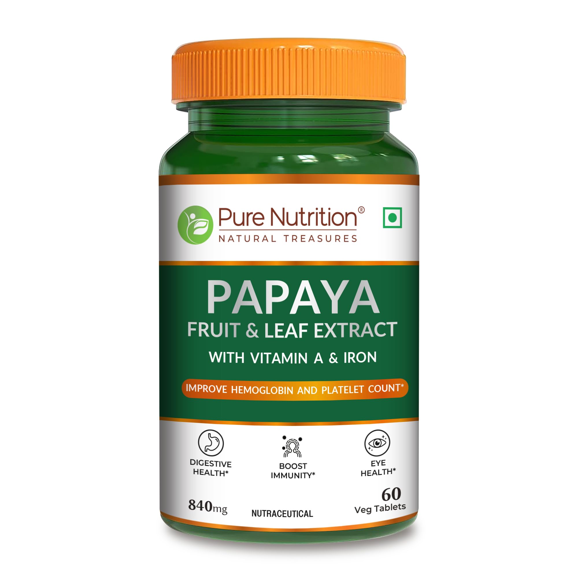 Pure Nutrition papaya supplement bottle with 60 vegetarian tablets