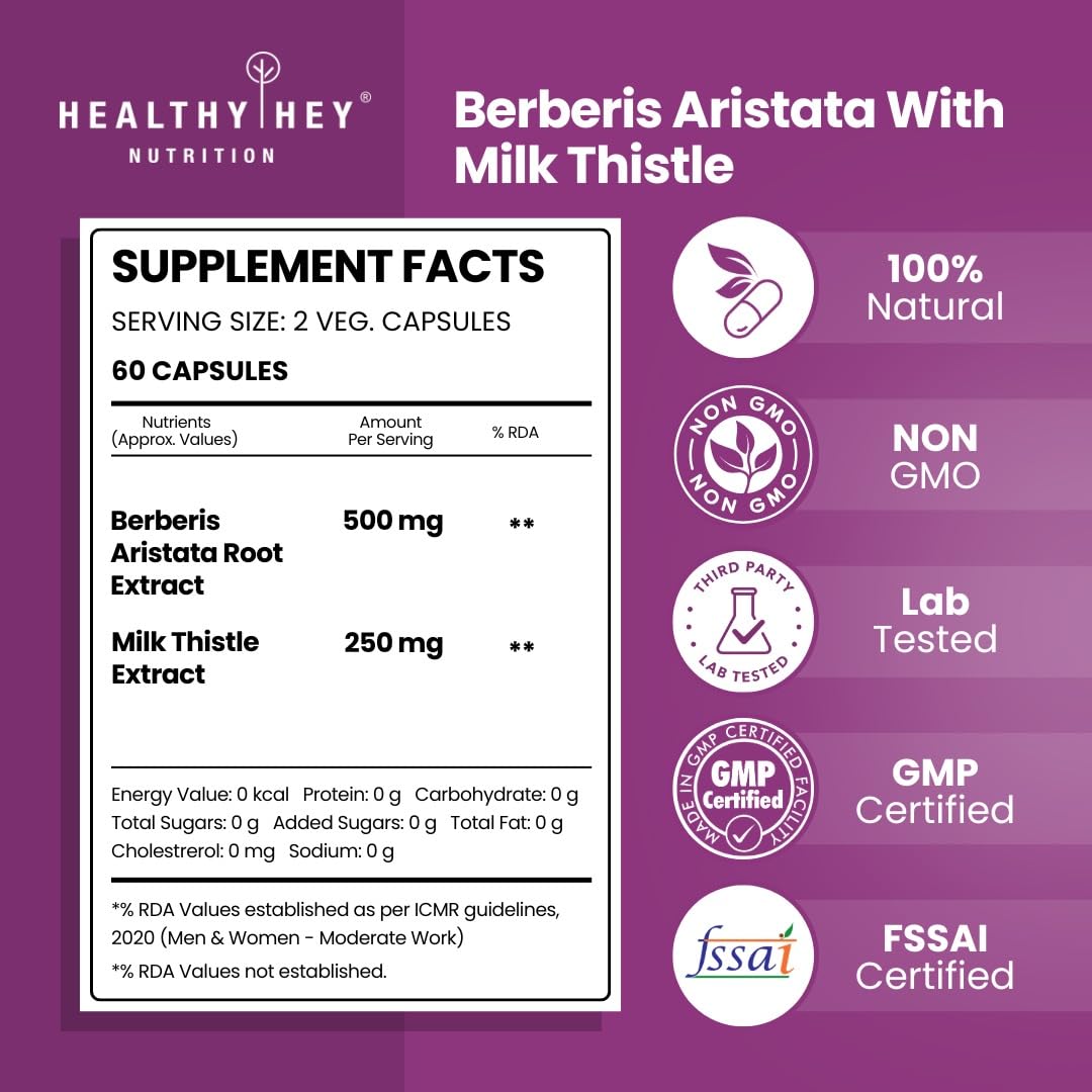 HealthyHey Berberis - Berberine 95% with milk Thistle - Support Weight Management & Healthy Glucose Levels Supplements - 750 mg Veg. 60 Capsules – view 2
