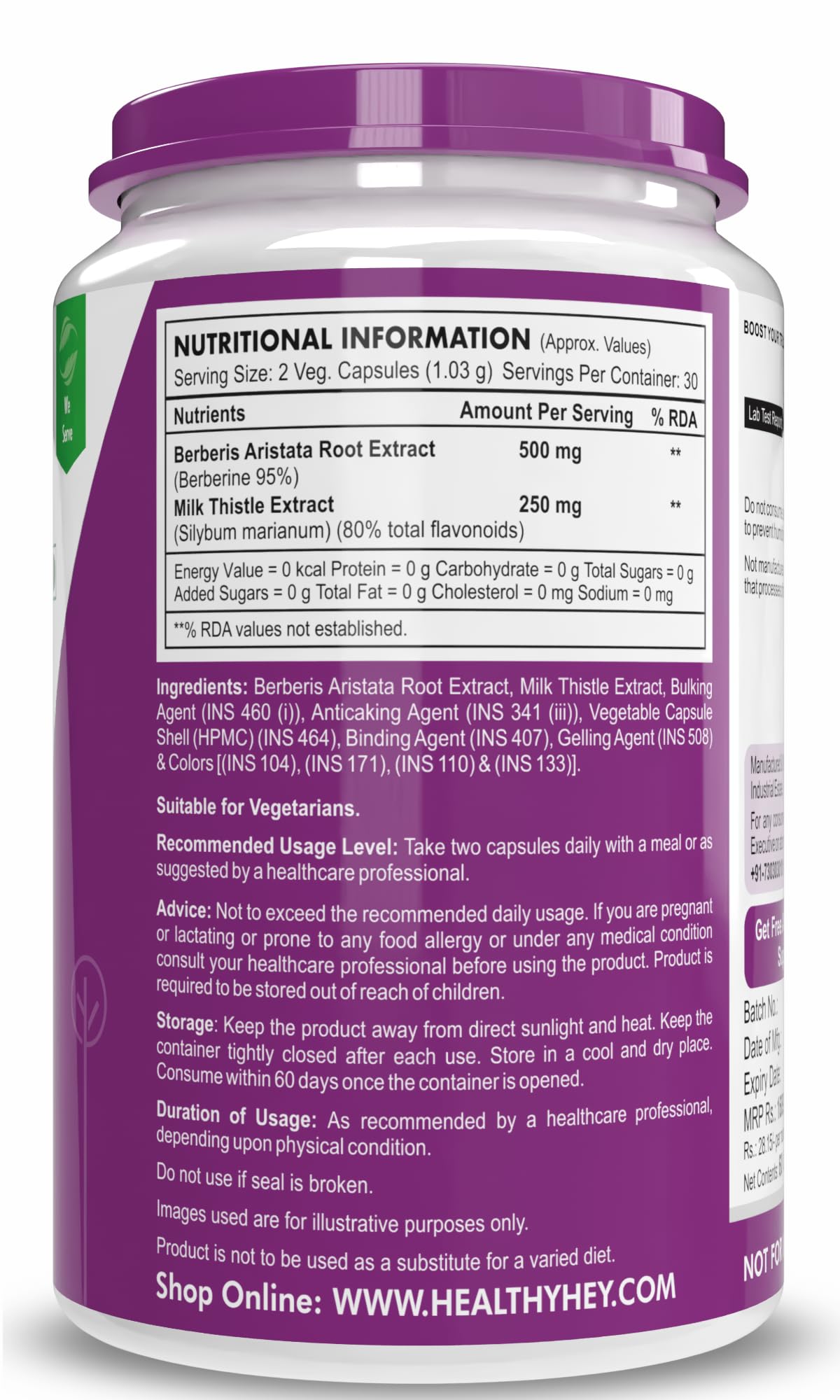HealthyHey Berberis - Berberine 95% with milk Thistle - Support Weight Management & Healthy Glucose Levels Supplements - 750 mg Veg. 60 Capsules – view 7