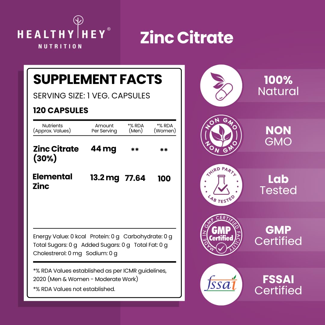HealthyHey Nutrition Zinc Citrate, Supports Immune and Immunity - 120 Veg Capsules – view 2