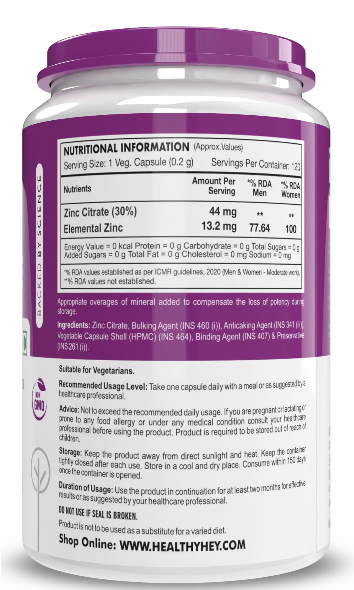 HealthyHey Nutrition Zinc Citrate, Supports Immune and Immunity - 120 Veg Capsules – view 8