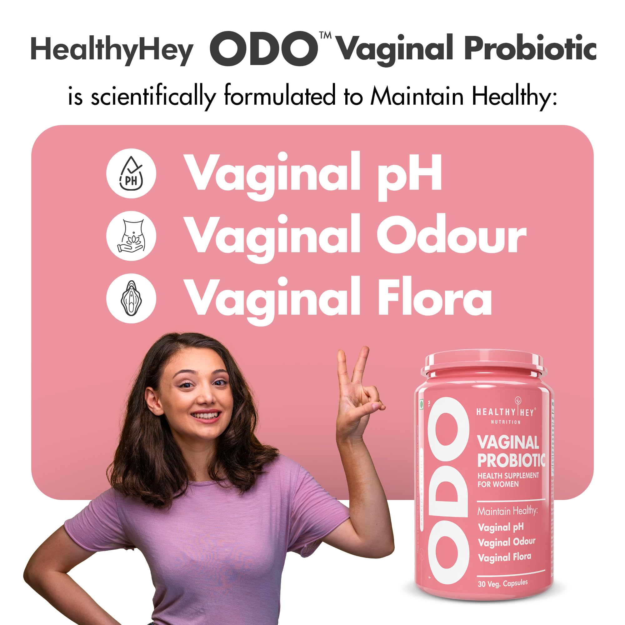 HealthyHey Nutrition ODO Vaginal Probiotics for Women pH Balance with Prebiotics & Lactobacillus Probiotic Blend - Vaginal Health Supplement - PromoteVaginal Odor & Vaginal Flora - 30 Veg Capsules – view 3
