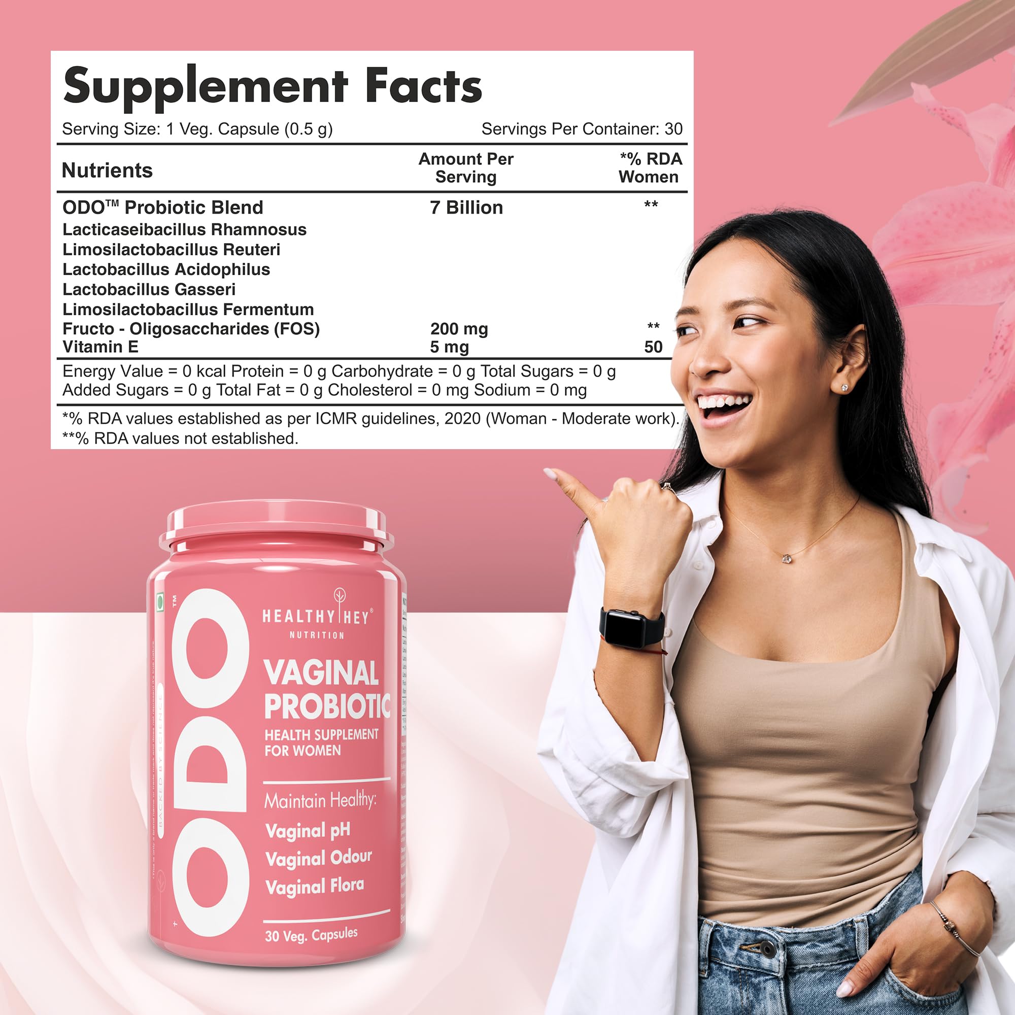 HealthyHey Nutrition ODO Vaginal Probiotics for Women pH Balance with Prebiotics & Lactobacillus Probiotic Blend - Vaginal Health Supplement - PromoteVaginal Odor & Vaginal Flora - 30 Veg Capsules – view 7