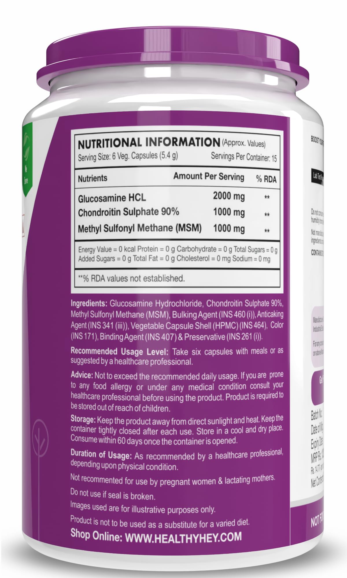 HealthyHey Nutrition Glucosamine Chondroitin and MSM for Cartilage; Joint and Bone, 90 Capsules – view 8