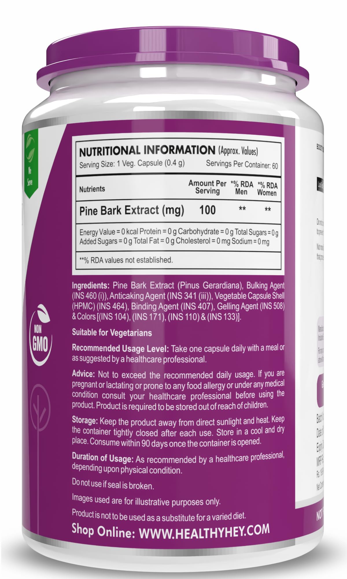 HealthyHey Nutrition Pine Bark Extract - 100 mg per serving - 60 Vegetable Capsules – view 2