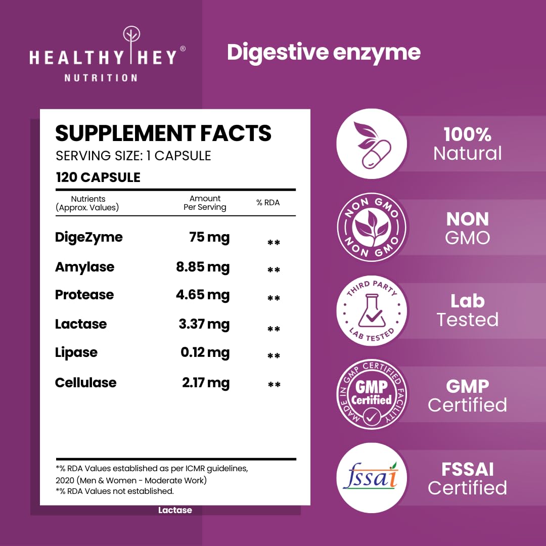 HealthyHey Nutrition Digestive Enzymes Capsules - Amylase, Lipase, Protease, Multi-Enzyme Complex Tablet - 120 Vegetable Capsules – view 2