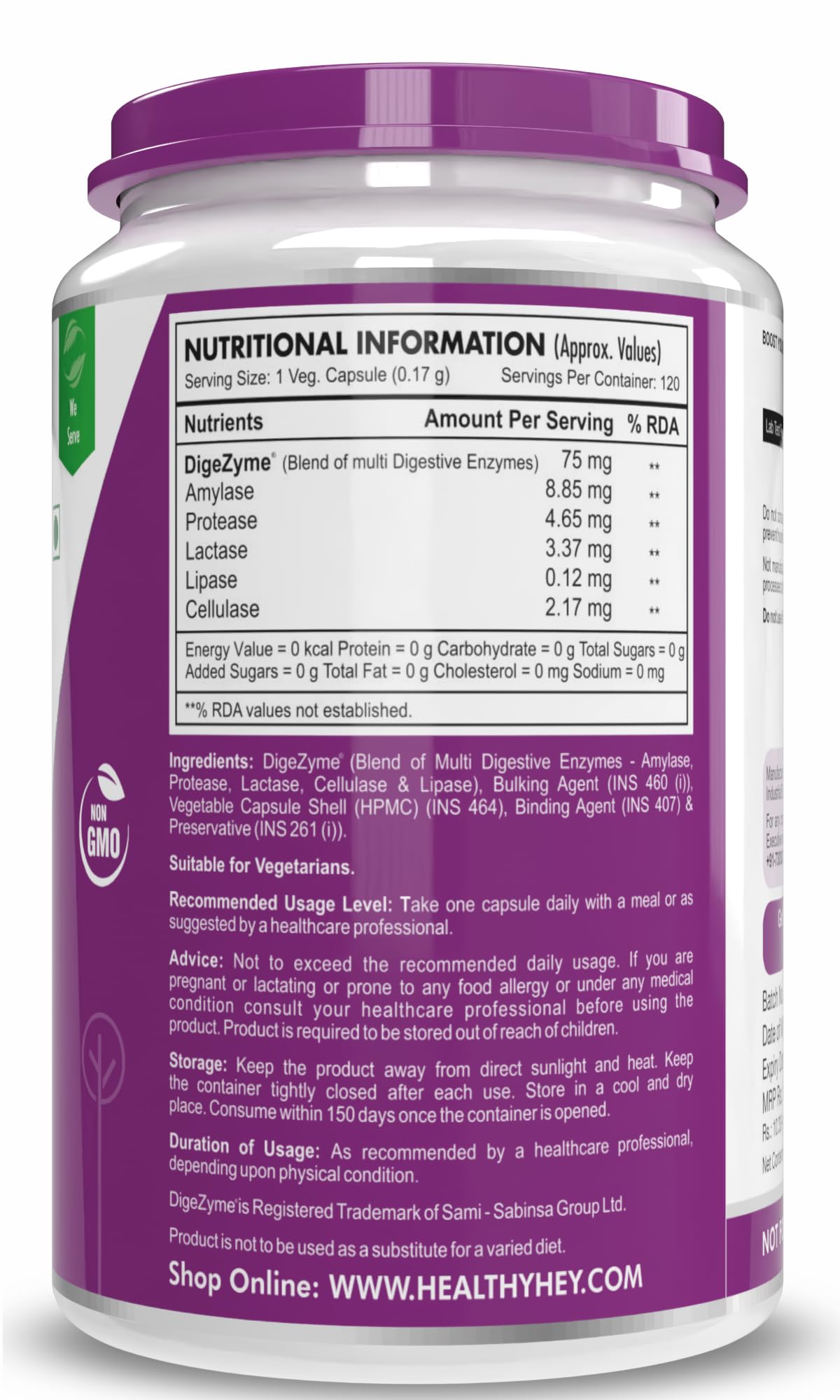 HealthyHey Nutrition Digestive Enzymes Capsules - Amylase, Lipase, Protease, Multi-Enzyme Complex Tablet - 120 Vegetable Capsules – view 7
