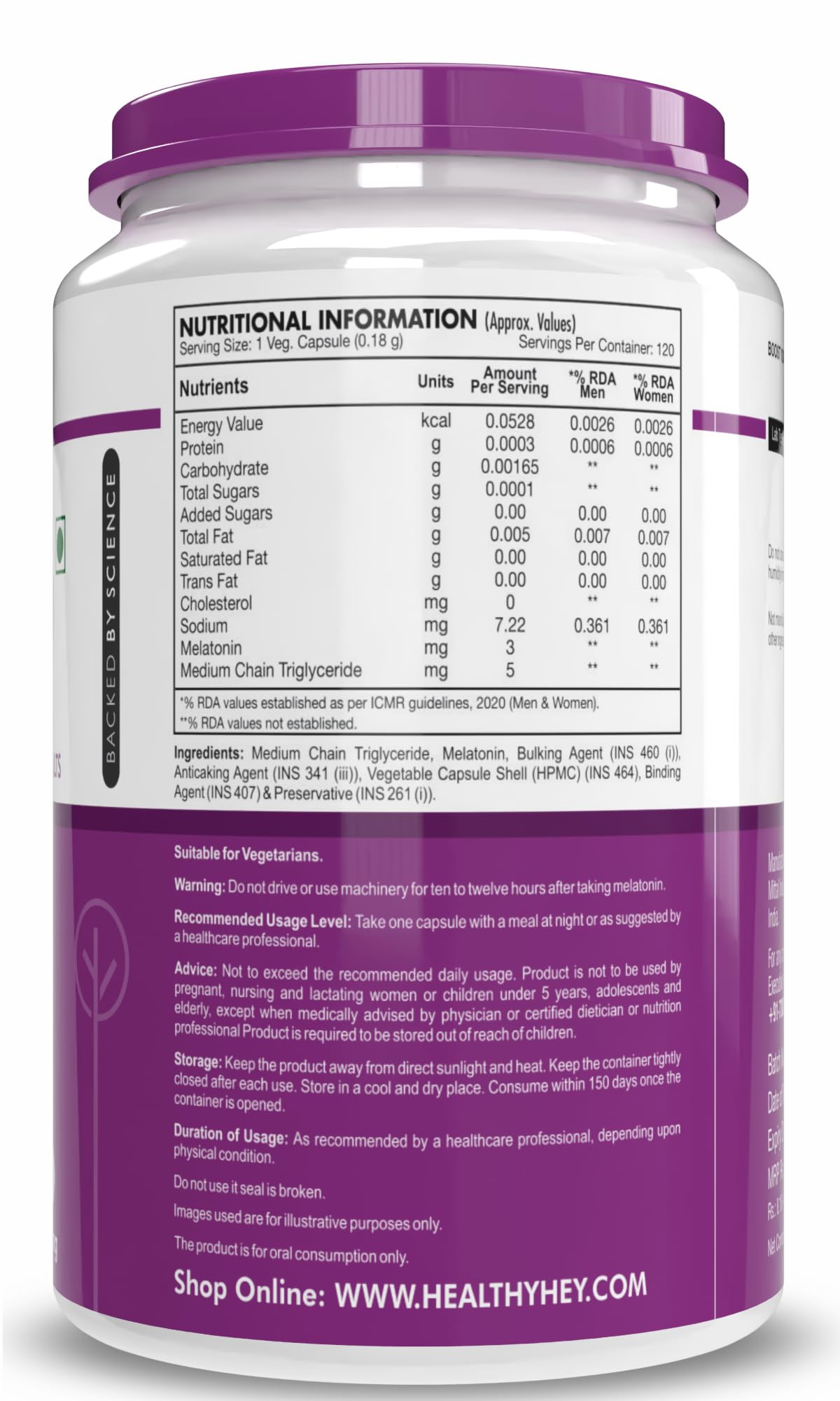 HealthyHey Nutrition Melatonin 3mg, Pack of 120 vegetable capsules - Promotes Sleep and Relaxation – view 2