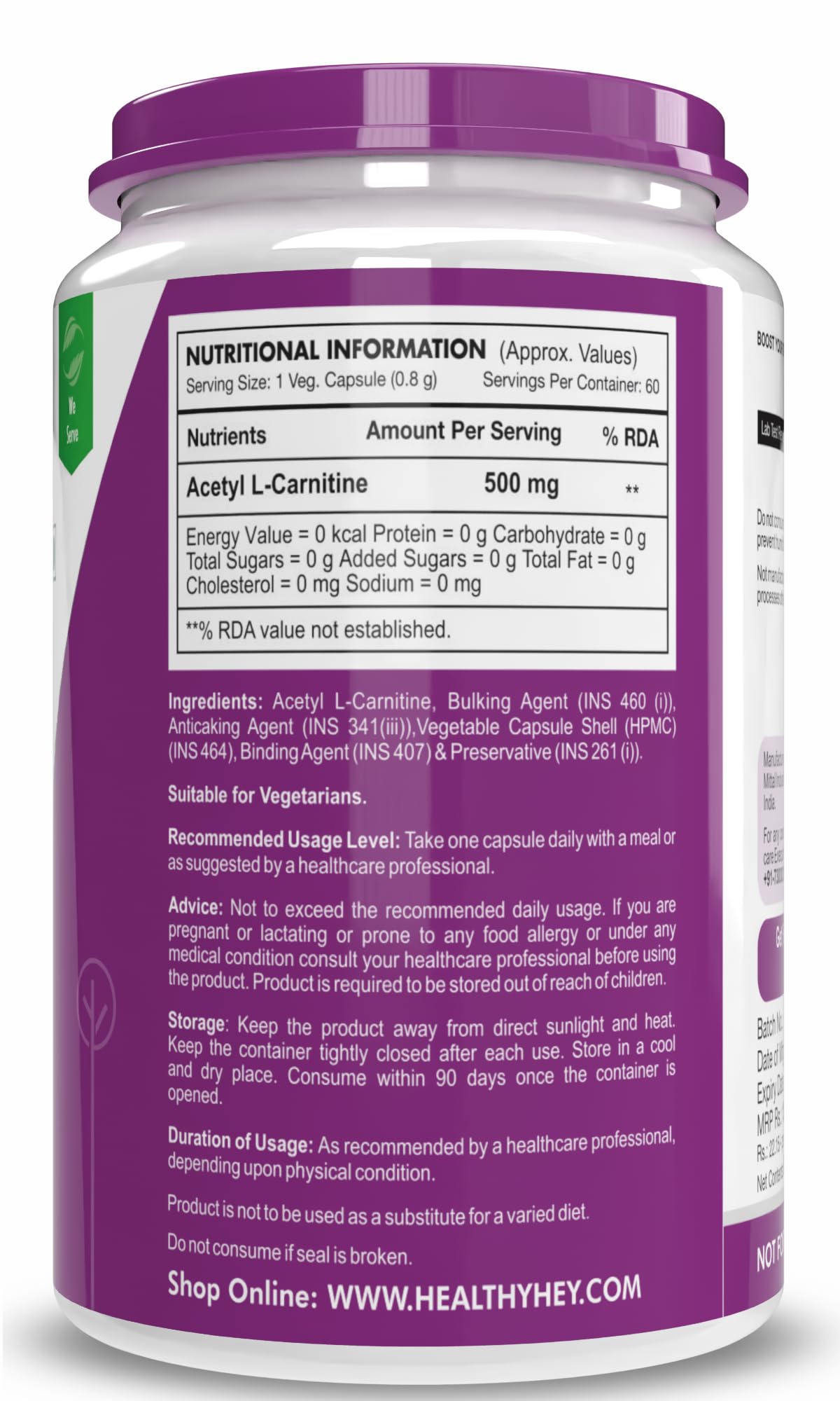 HealthyHey Nutrition Acetyl L-Carnitine (ALCAR)-60 Veg Capsules (Pack of 1) – view 8