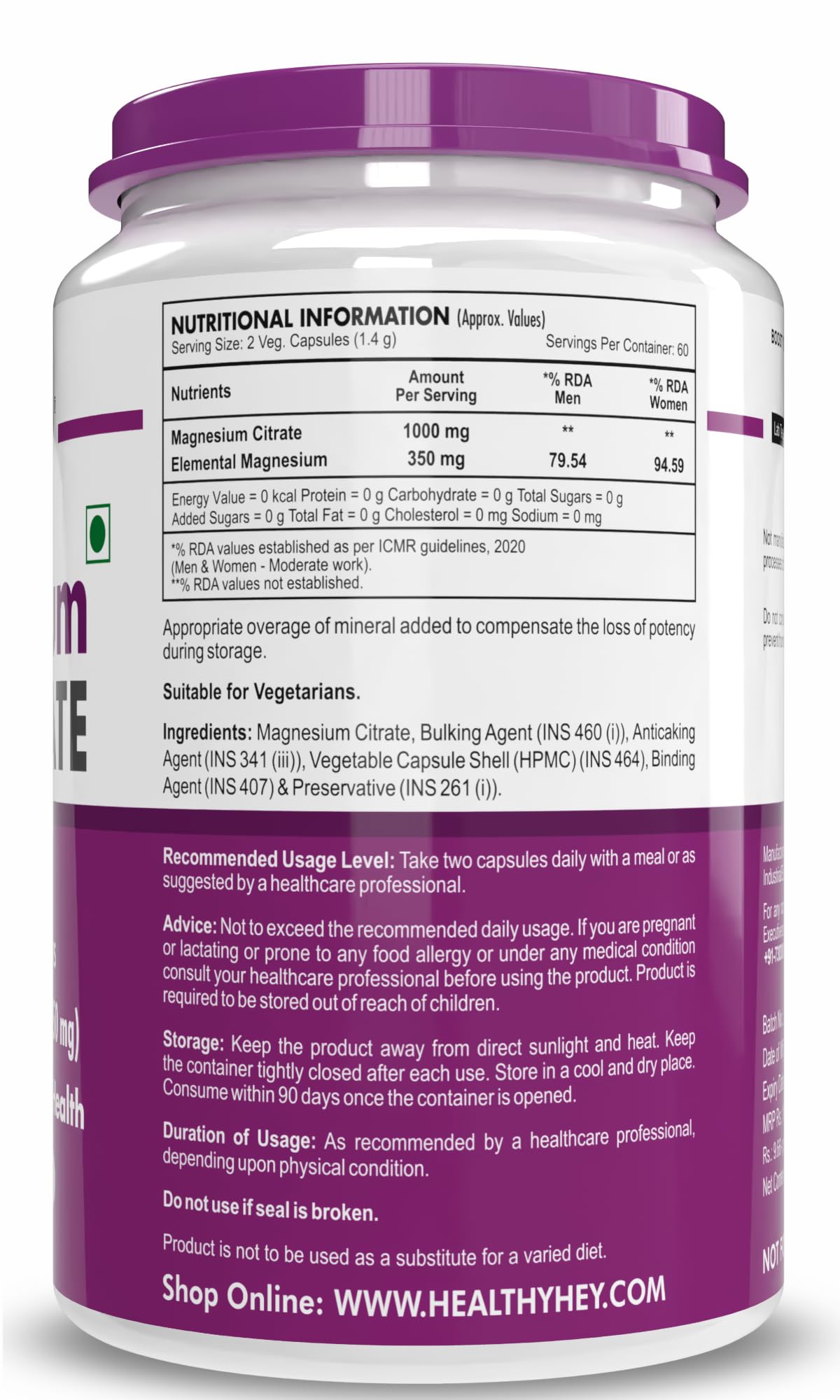 HealthyHey Nutrition Magnesium Citrate-120 Vegetable Capsules – view 7